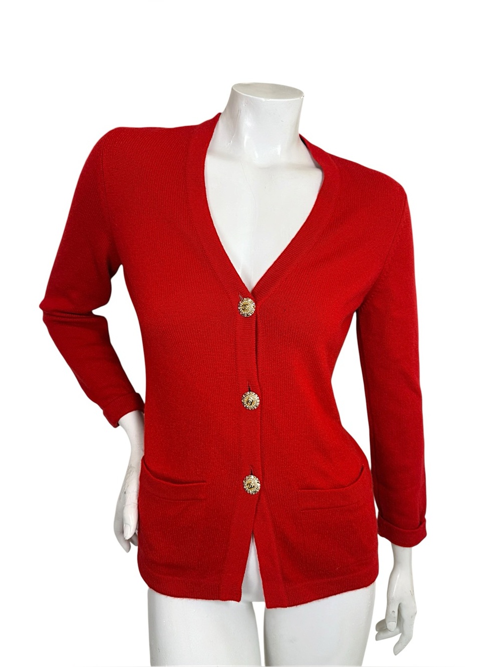 Vintage 90s Chanel Red Cashmere Cardigan Jeweled CC Buttons